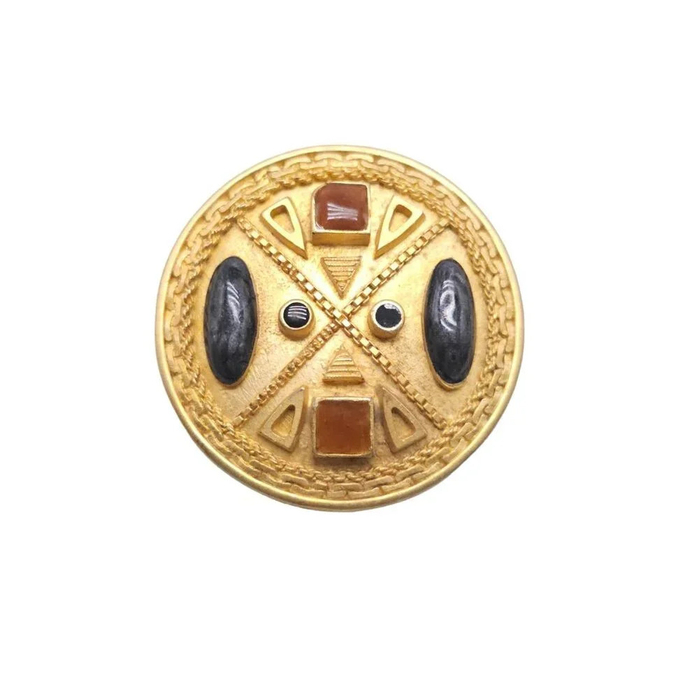 Multicolor Enamel Medallion 1980s Runway Brooch Pin Gold Tone Vintage